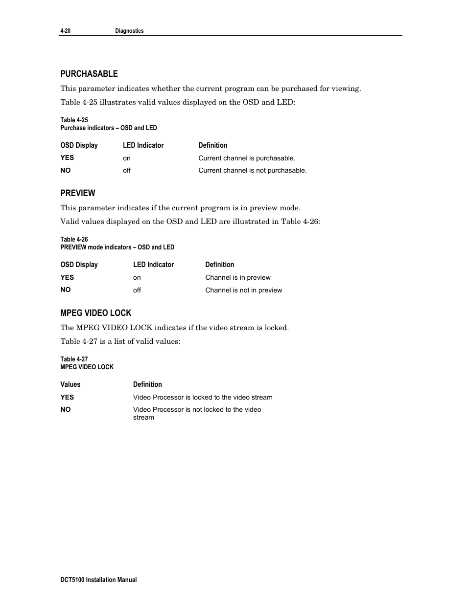 Purchasable, Preview, Mpeg video lock | ARRIS DCT5100 Installation Manual User Manual | Page 60 / 81