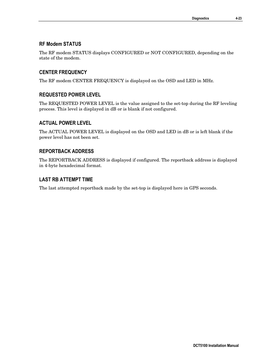 Rf modem status, Center frequency, Requested power level | Actual power level, Reportback address, Last rb attempt time | ARRIS DCT5100 Installation Manual User Manual | Page 63 / 81