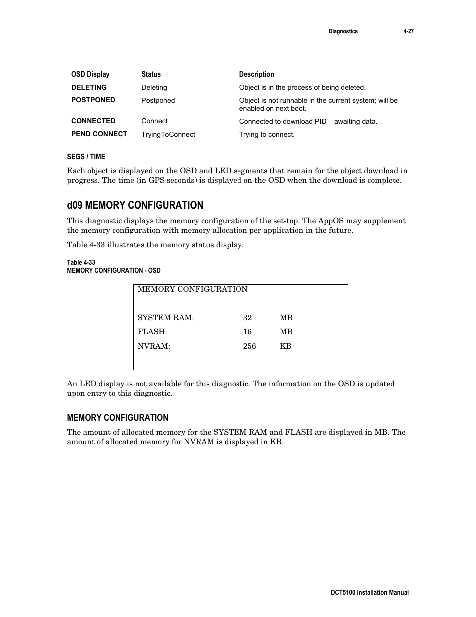 Segs / time, D09 memory configuration, Memory configuration | ARRIS DCT5100 Installation Manual User Manual | Page 67 / 81