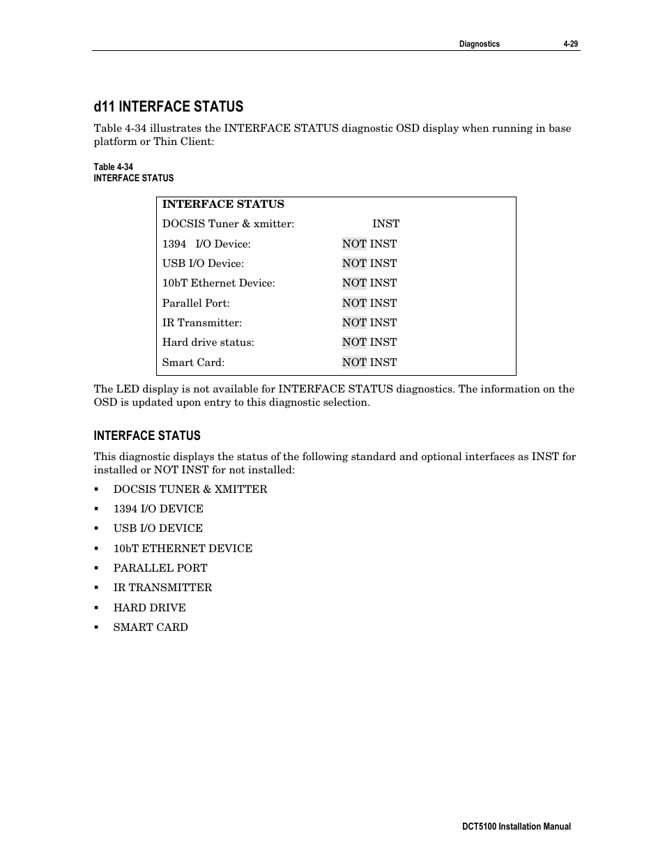 D11 interface status, Interface status | ARRIS DCT5100 Installation Manual User Manual | Page 69 / 81