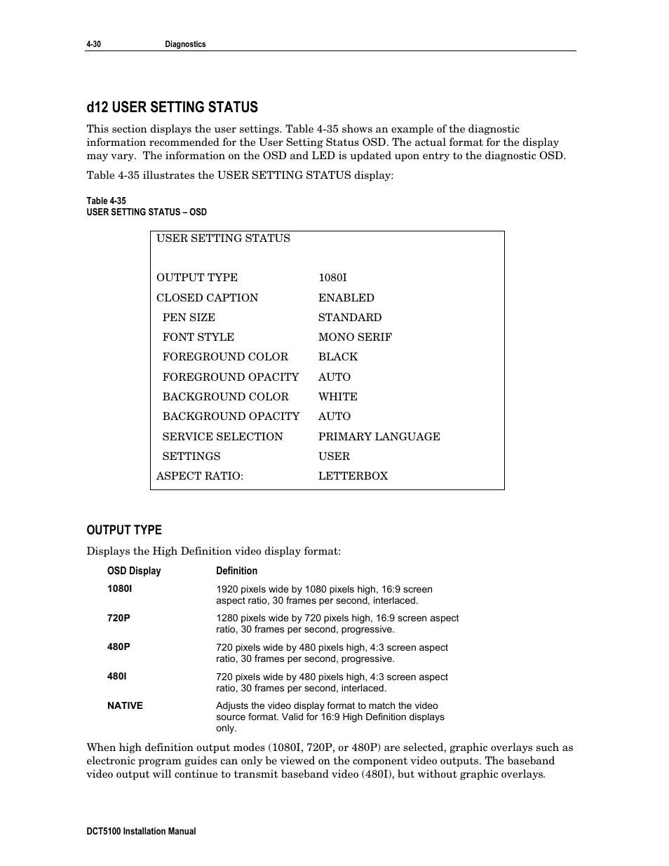 D12 user setting status, Output type | ARRIS DCT5100 Installation Manual User Manual | Page 70 / 81