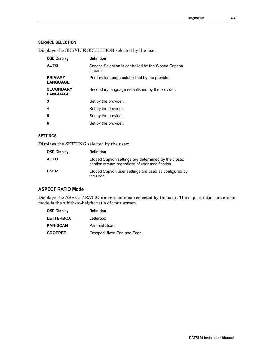 Service selection, Settings, Aspect ratio mode | ARRIS DCT5100 Installation Manual User Manual | Page 73 / 81