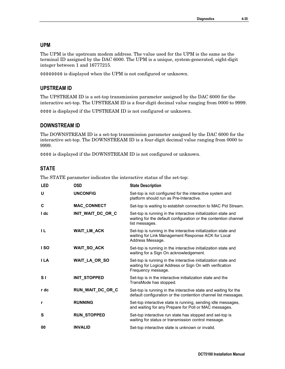 Upstream id, Downstream id, State | ARRIS DCT5100 Installation Manual User Manual | Page 75 / 81