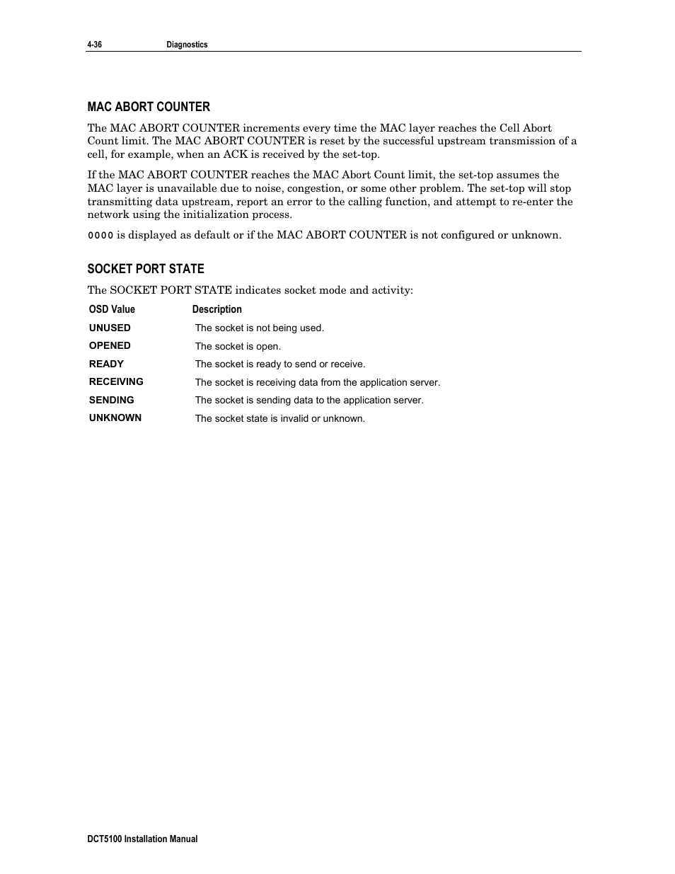 Mac abort counter, Socket port state | ARRIS DCT5100 Installation Manual User Manual | Page 76 / 81