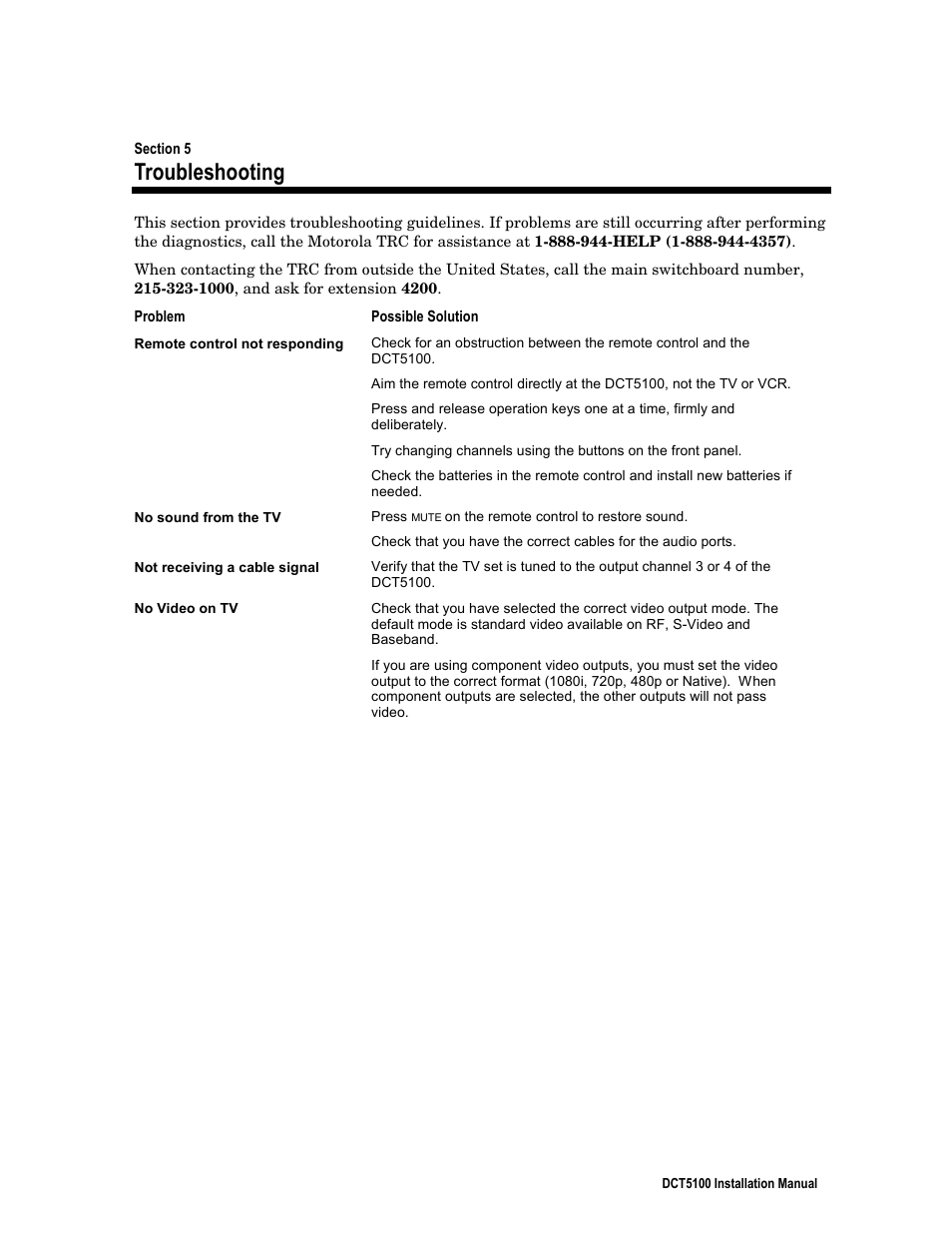 Section 5, troubleshooting, Troubleshooting | ARRIS DCT5100 Installation Manual User Manual | Page 77 / 81