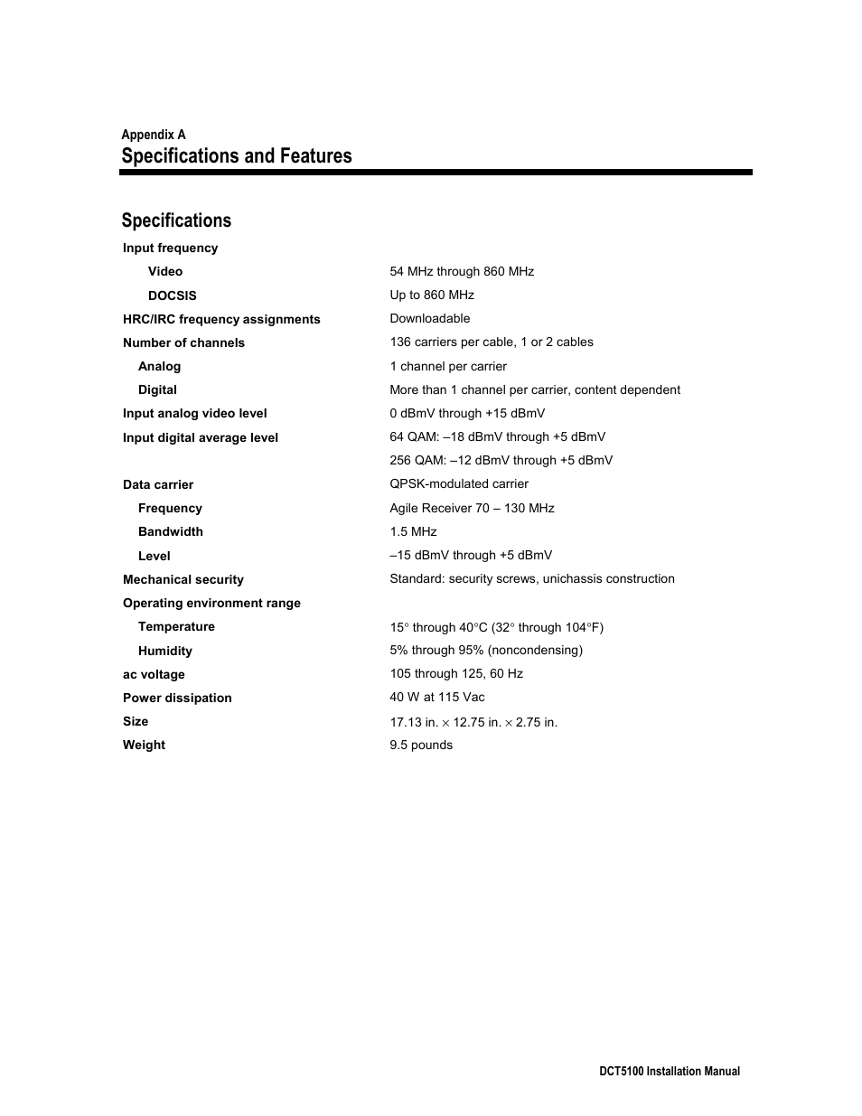 Appendix a, specifications and features, Specifications, Specifications and features | ARRIS DCT5100 Installation Manual User Manual | Page 78 / 81