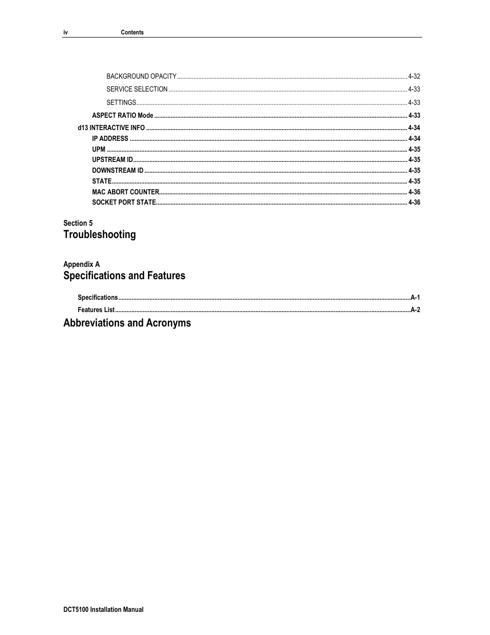 Troubleshooting, Specifications and features, Abbreviations and acronyms | ARRIS DCT5100 Installation Manual User Manual | Page 8 / 81