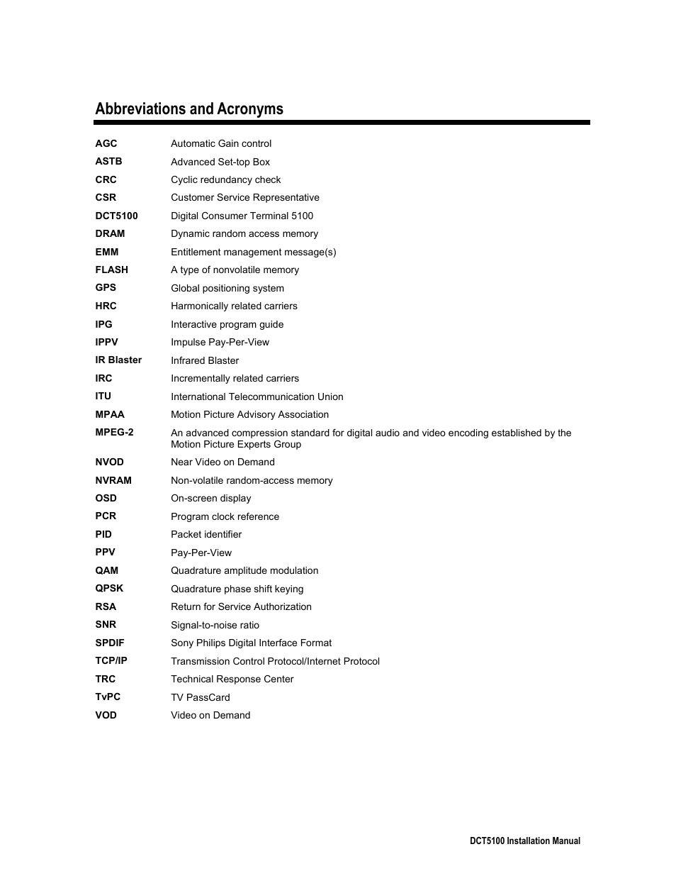 Abbreviations and acronyms | ARRIS DCT5100 Installation Manual User Manual | Page 80 / 81