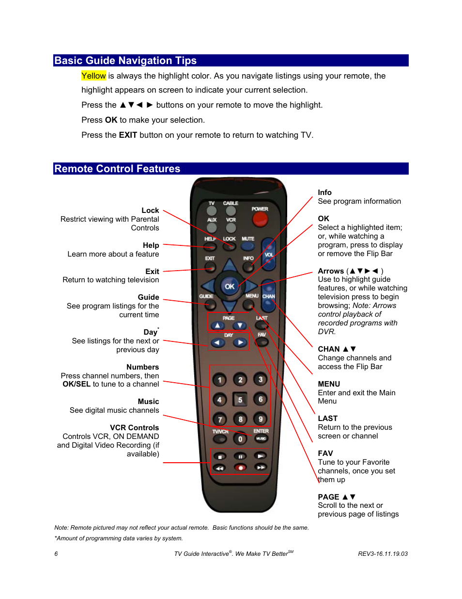 Basic guide navigation tips, Remote control features | ARRIS DCT6208 TVGuide DVR Manual User Manual | Page 10 / 59