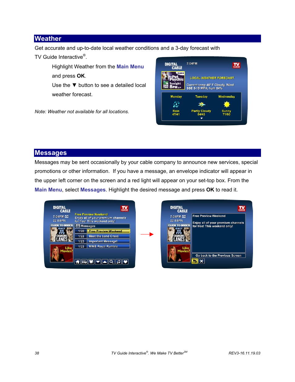 Weather, Messages | ARRIS DCT6208 TVGuide DVR Manual User Manual | Page 42 / 59