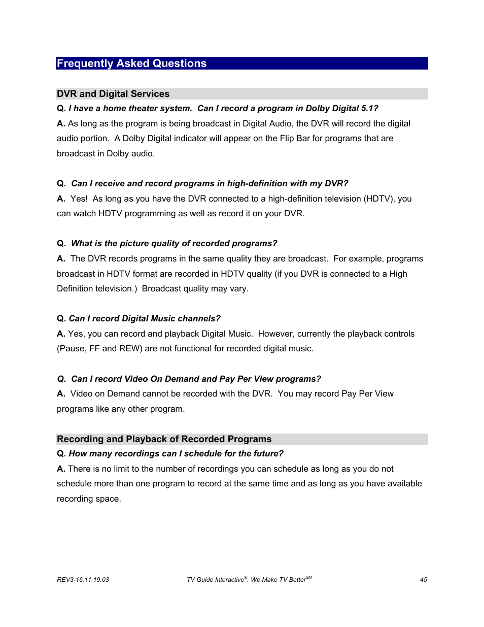 Frequently asked questions | ARRIS DCT6208 TVGuide DVR Manual User Manual | Page 49 / 59