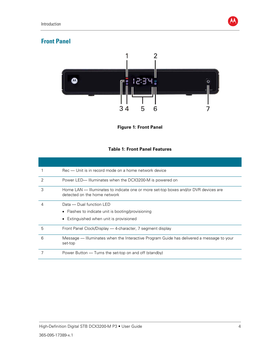 Front panel, Table 1: front panel features, Figure 1: front panel | ARRIS DCX3200MP3 User Guide User Manual | Page 11 / 54