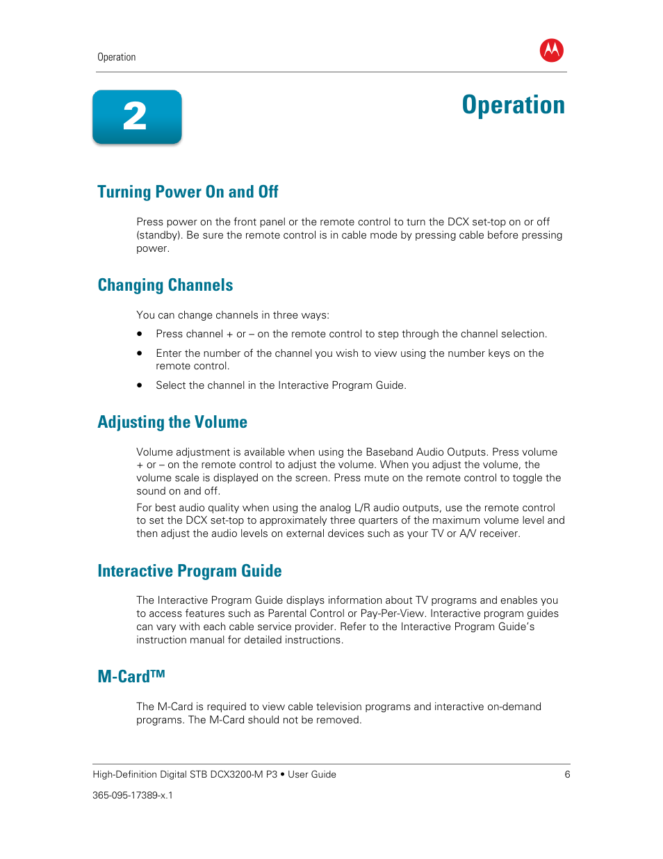 Operation, Turning power on and off, Changing channels | Adjusting the volume, Interactive program guide, M-card | ARRIS DCX3200MP3 User Guide User Manual | Page 13 / 54