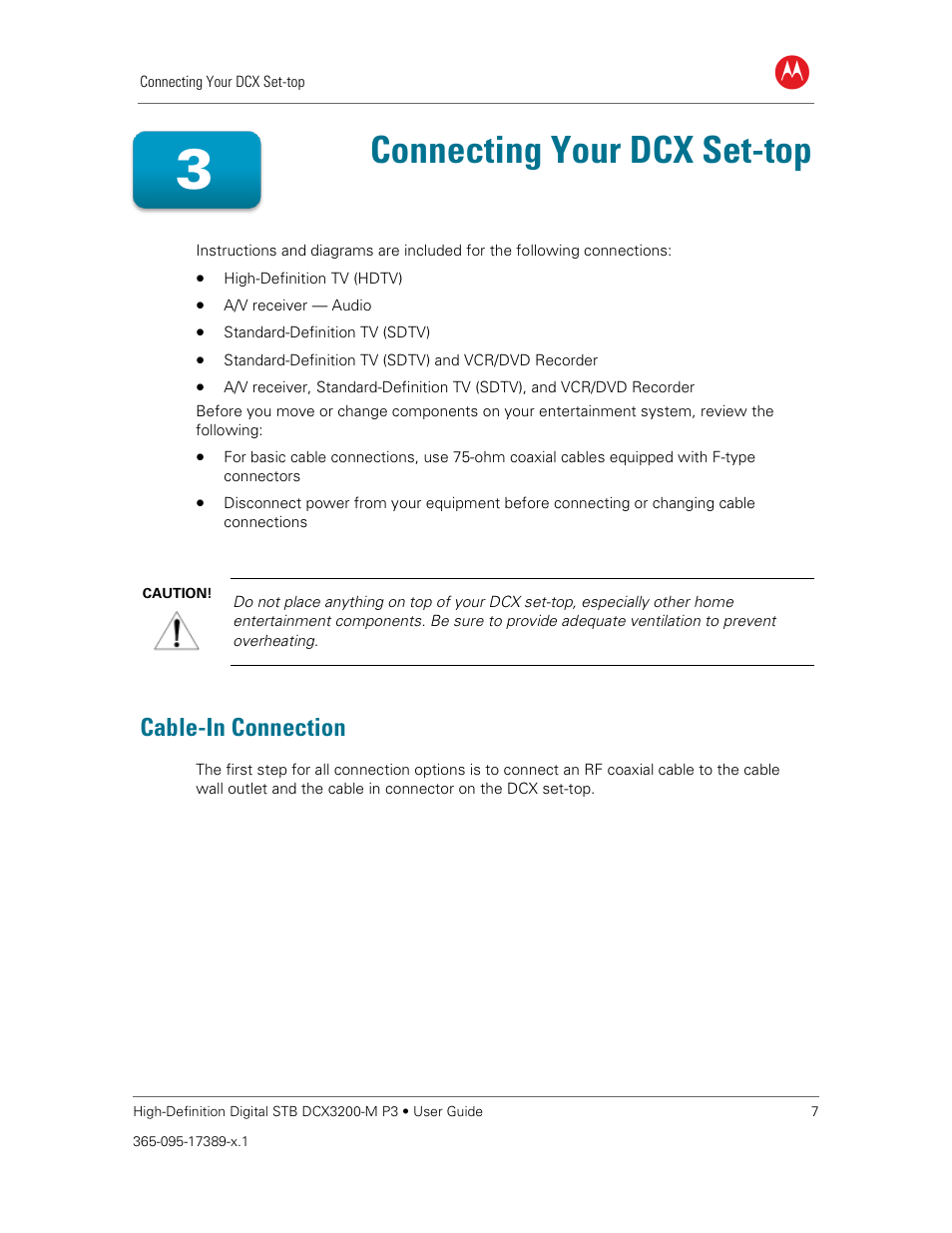 Connecting your dcx set-top, Cable-in connection | ARRIS DCX3200MP3 User Guide User Manual | Page 14 / 54