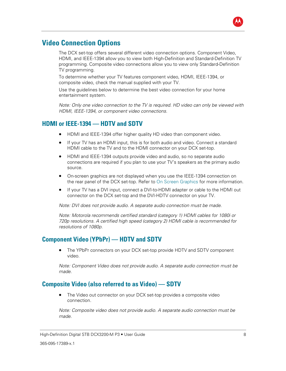 Video connection options, Hdmi or ieee-1394 — hdtv and sdtv, Component video (ypbpr) — hdtv and sdtv | Composite video (also referred to as video) — sdtv | ARRIS DCX3200MP3 User Guide User Manual | Page 15 / 54