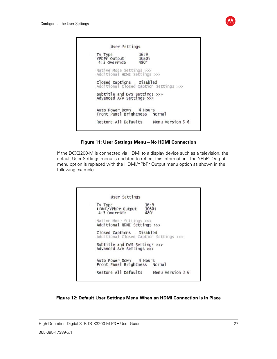 Figure 11: user settings menu—no hdmi connection | ARRIS DCX3200MP3 User Guide User Manual | Page 34 / 54