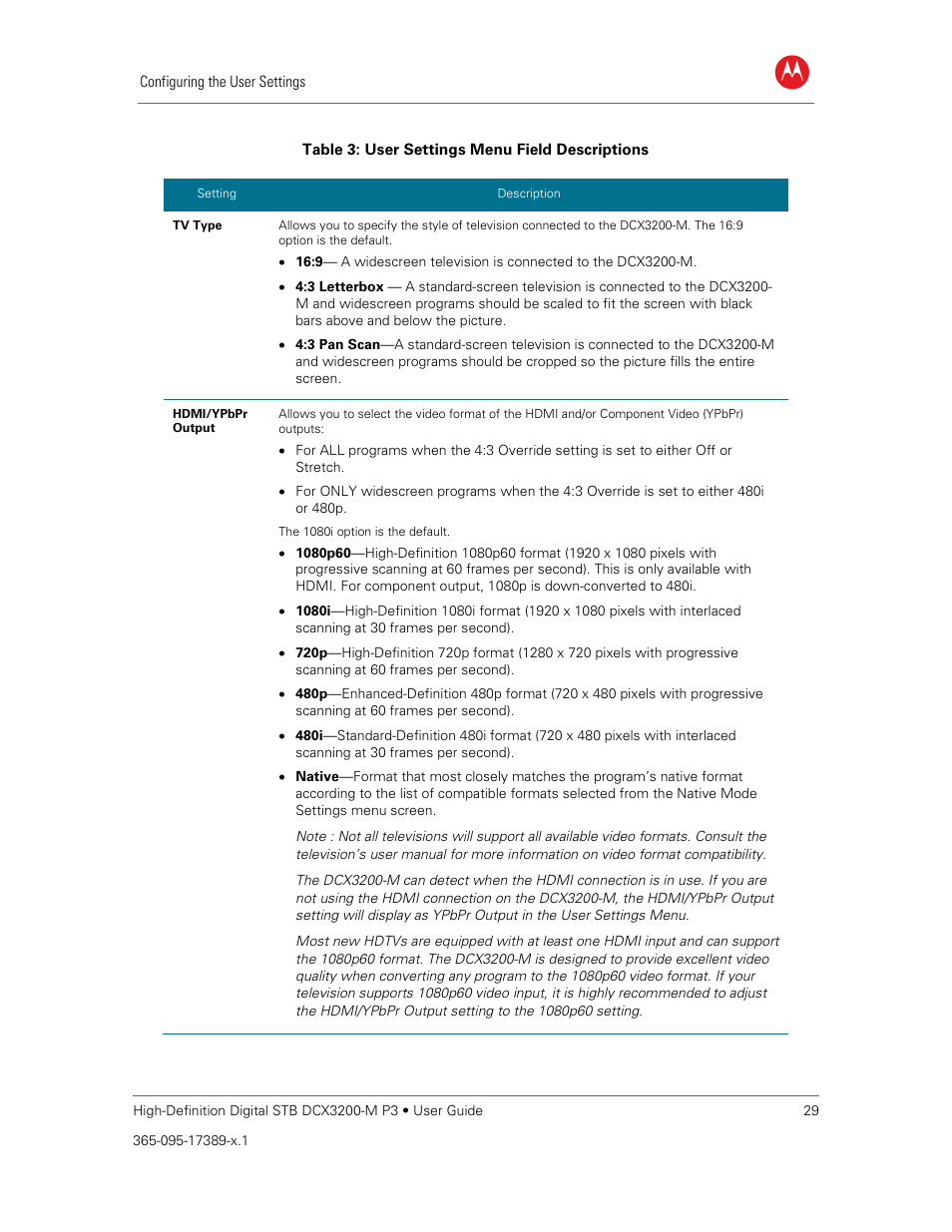 Table 3: user settings menu field descriptions | ARRIS DCX3200MP3 User Guide User Manual | Page 36 / 54
