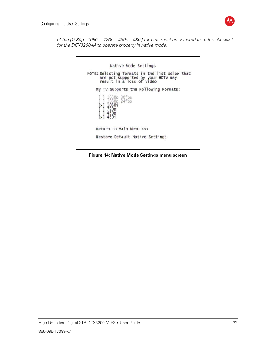 Figure 14: native mode settings menu screen | ARRIS DCX3200MP3 User Guide User Manual | Page 39 / 54