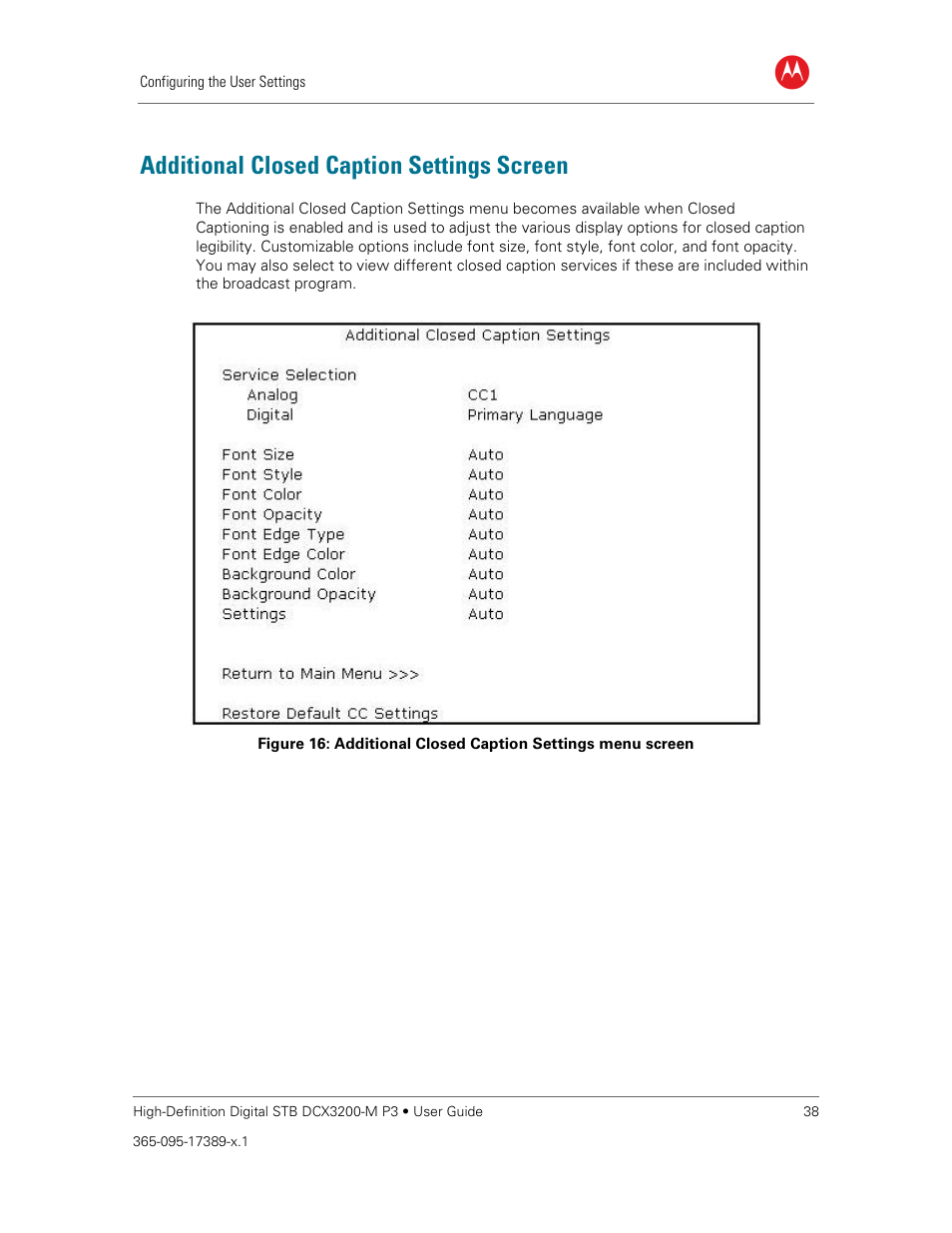 Additional closed caption settings screen | ARRIS DCX3200MP3 User Guide User Manual | Page 45 / 54