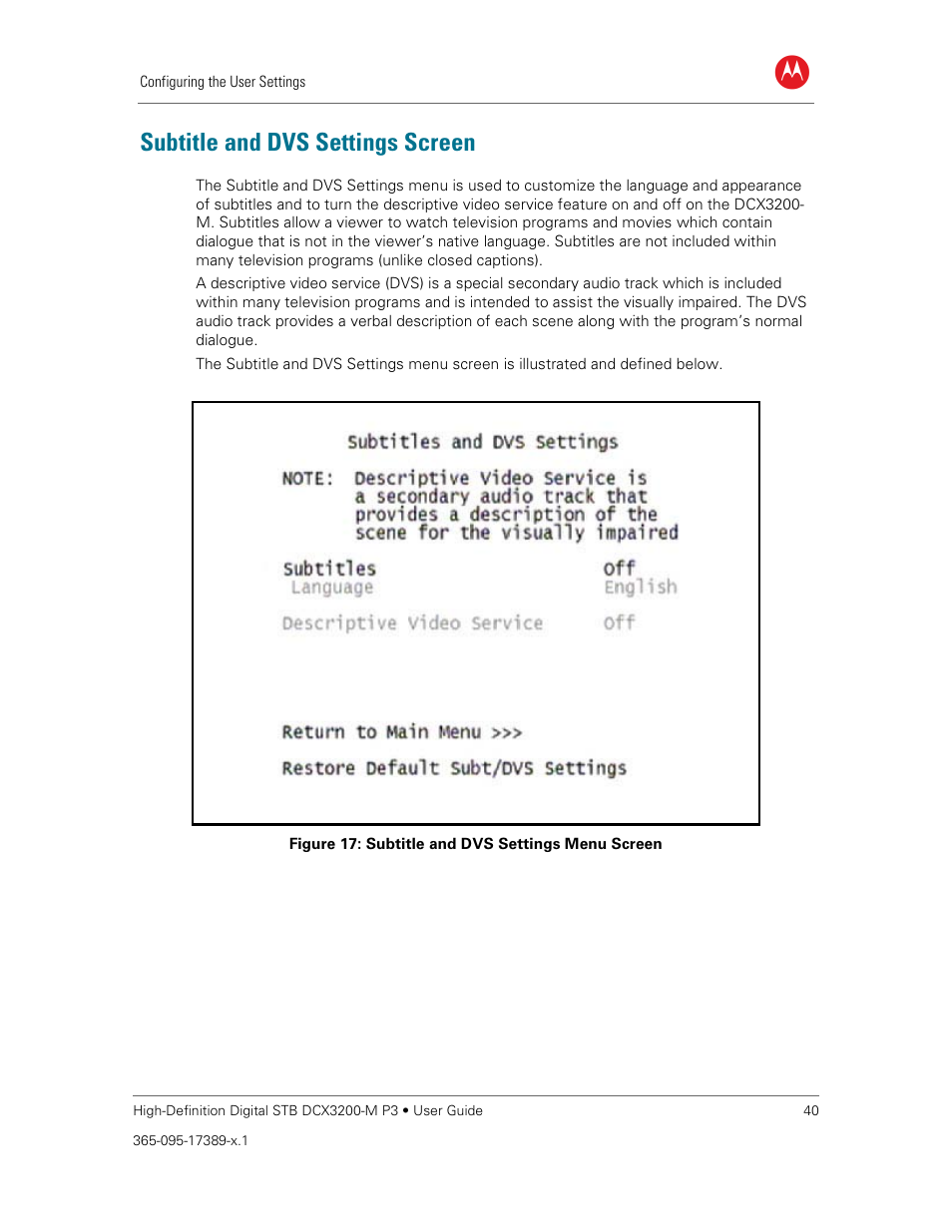 Subtitle and dvs settings screen, Figure 17: subtitle and dvs settings menu screen | ARRIS DCX3200MP3 User Guide User Manual | Page 47 / 54