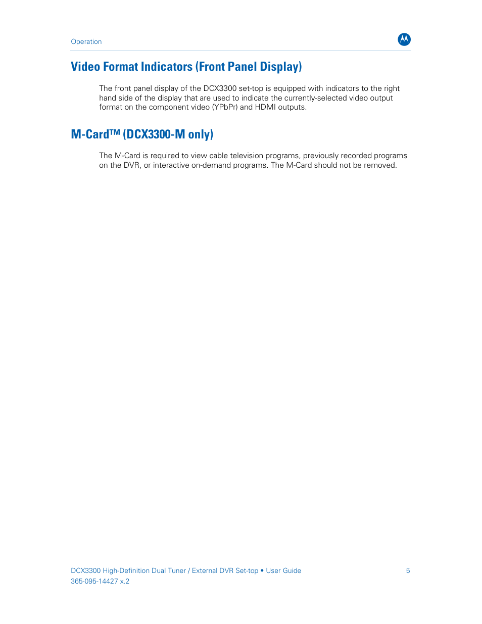 Video format indicators (front panel display), M-card™ (dcx3300-m only) | ARRIS DCX3300 User Guide User Manual | Page 14 / 51