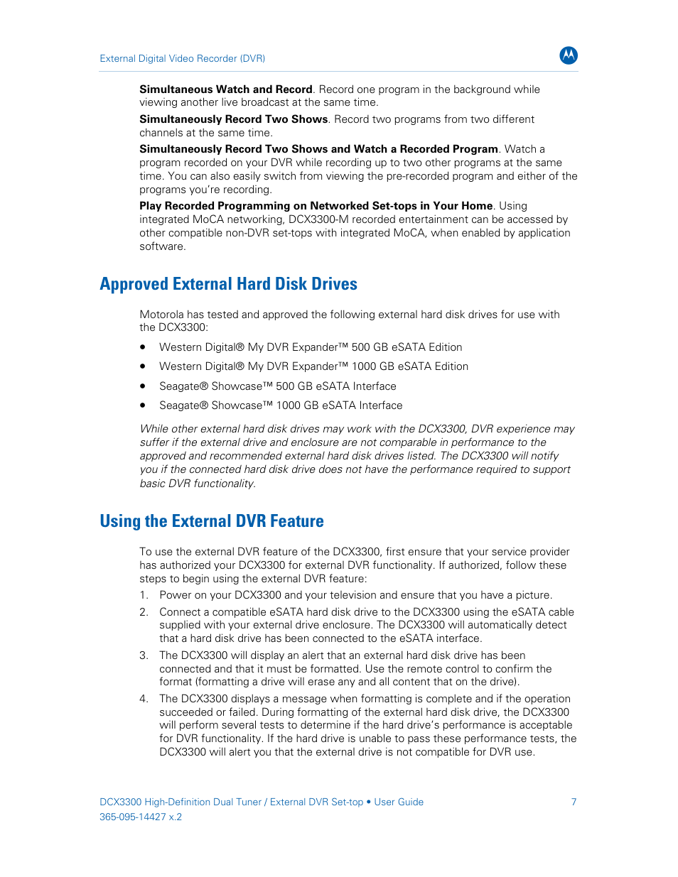 Approved external hard disk drives, Using the external dvr feature | ARRIS DCX3300 User Guide User Manual | Page 16 / 51