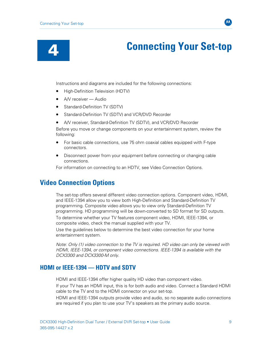 Video connection options, Connecting your set-top, Hdmi or ieee-1394 — hdtv and sdtv | ARRIS DCX3300 User Guide User Manual | Page 18 / 51