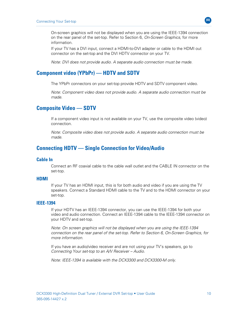 Cable in, Hdmi, Ieee-1394 | Component video (ypbpr) — hdtv and sdtv, Composite video — sdtv | ARRIS DCX3300 User Guide User Manual | Page 19 / 51