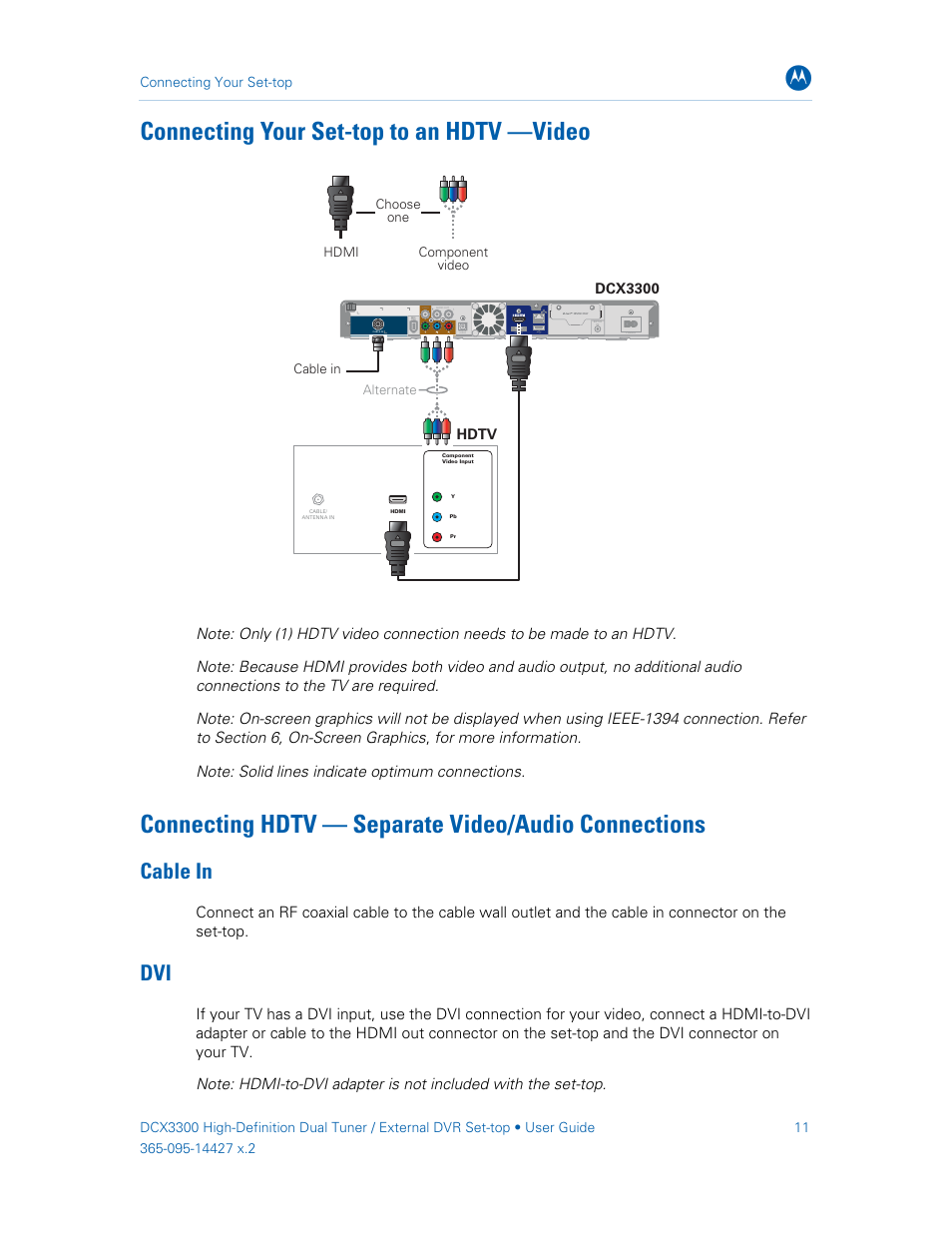 Connecting your set-top to an hdtv —video, Connecting hdtv — separate video/audio connections, Cable in | ARRIS DCX3300 User Guide User Manual | Page 20 / 51
