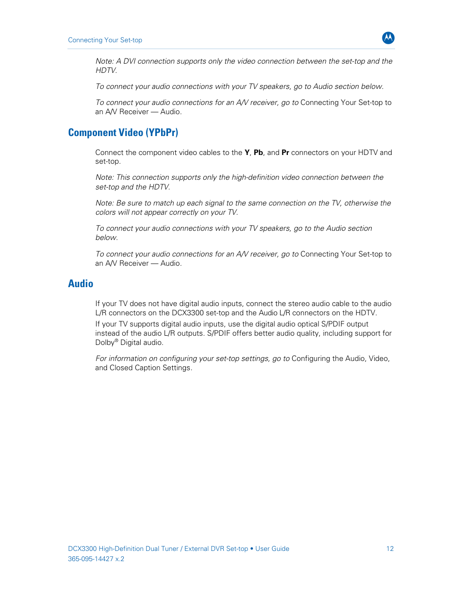 Component video (ypbpr), Audio | ARRIS DCX3300 User Guide User Manual | Page 21 / 51