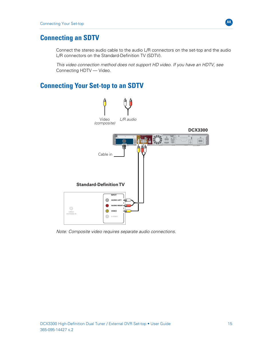 Connecting an sdtv, Connecting your set-top to an sdtv, Dcx3300 | Standard-definition tv, Connecting your set-top, Cable in video (composite) l/r audio | ARRIS DCX3300 User Guide User Manual | Page 24 / 51