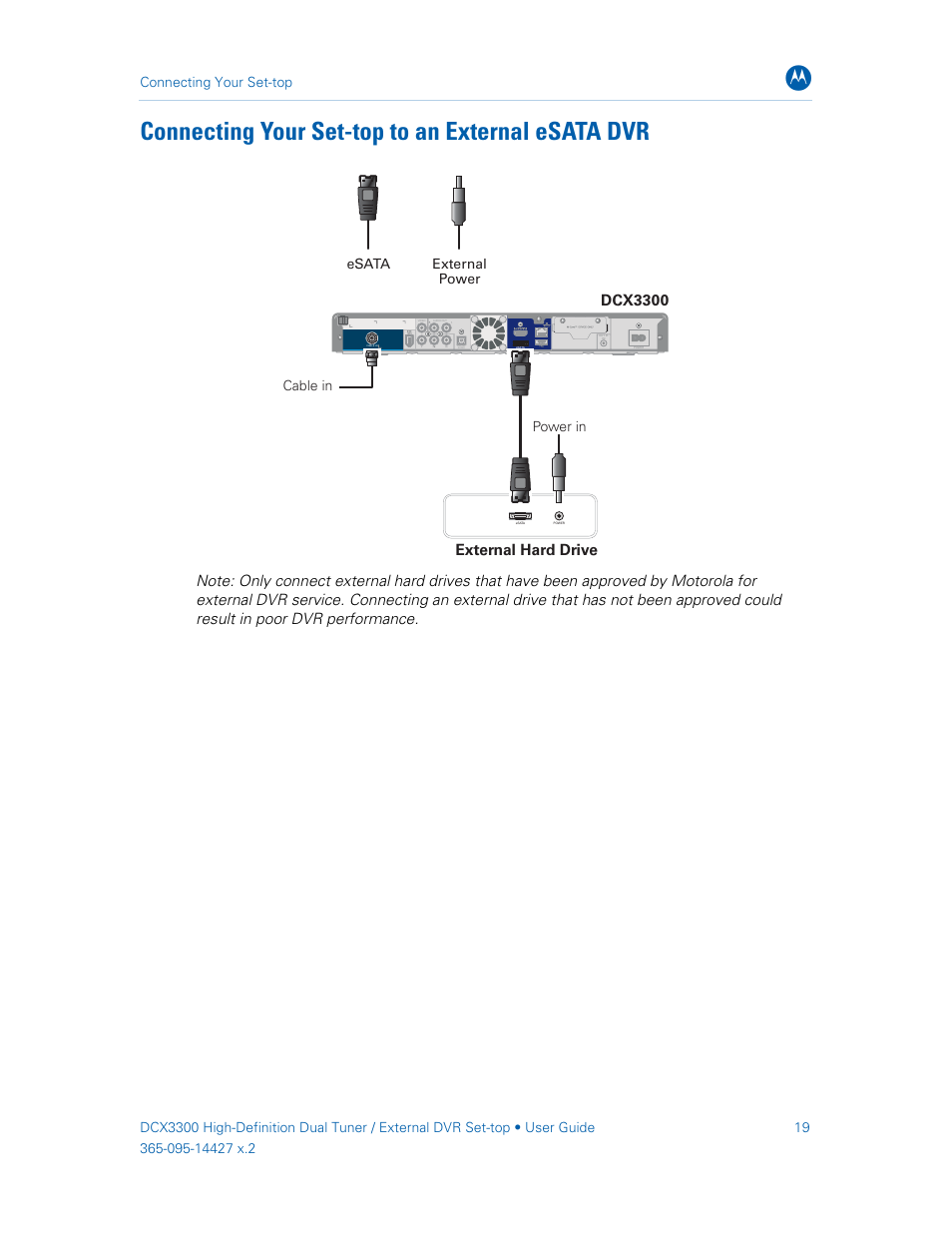 Connecting your set-top to an external esata dvr, Dcx3300, External hard drive | Connecting your set-top, Cable in power in esata external power | ARRIS DCX3300 User Guide User Manual | Page 28 / 51