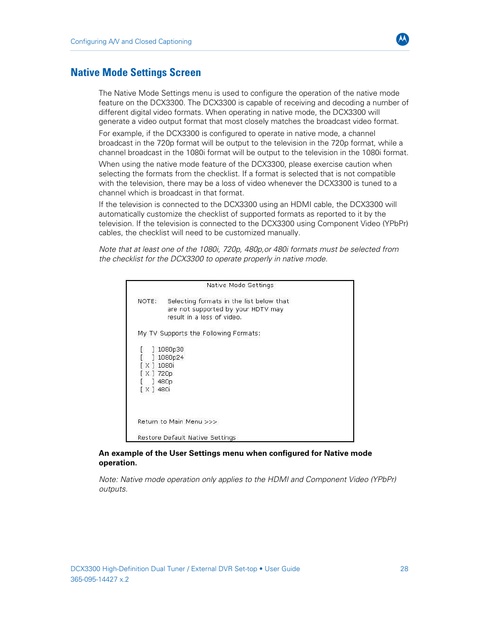 Native mode settings screen | ARRIS DCX3300 User Guide User Manual | Page 37 / 51