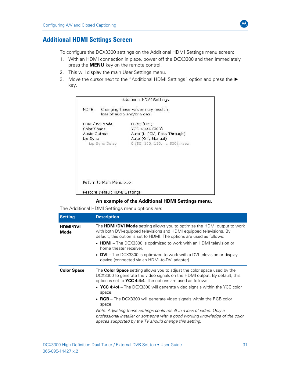 Additional hdmi settings screen | ARRIS DCX3300 User Guide User Manual | Page 40 / 51