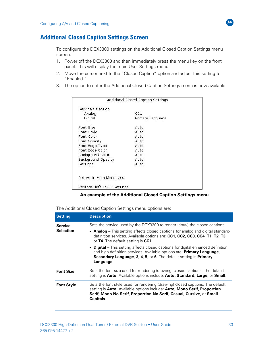 Additional closed caption settings screen | ARRIS DCX3300 User Guide User Manual | Page 42 / 51