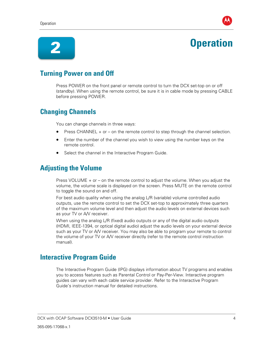 Turning power on and off, Changing channels, Adjusting the volume | Interactive program guide, Operation | ARRIS DCX3510M User Guide User Manual | Page 13 / 59
