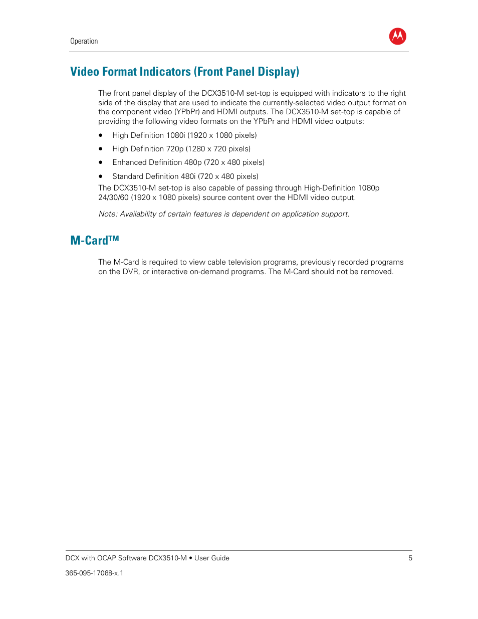 Video format indicators (front panel display), M-card | ARRIS DCX3510M User Guide User Manual | Page 14 / 59