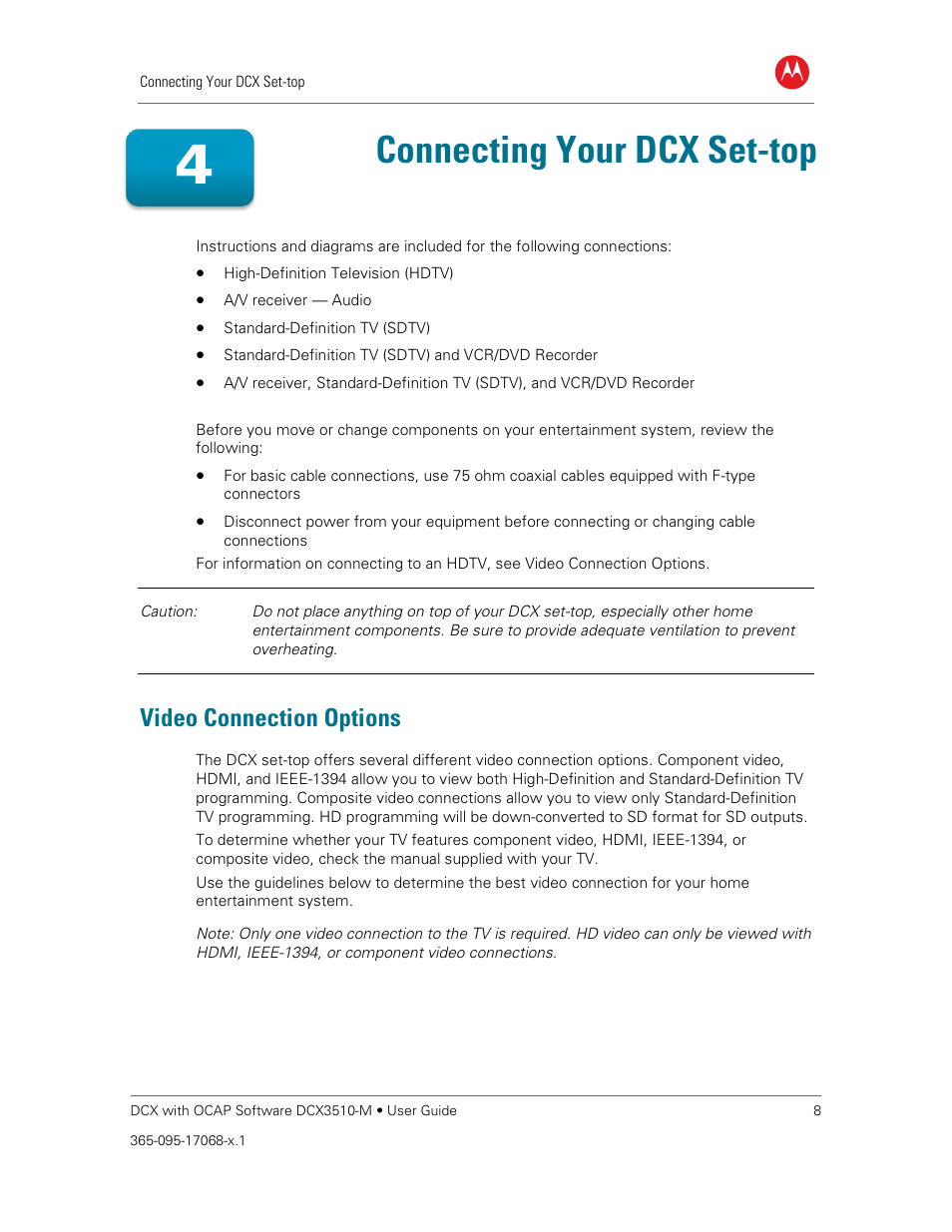 Video connection options, Connecting your dcx set-top | ARRIS DCX3510M User Guide User Manual | Page 17 / 59