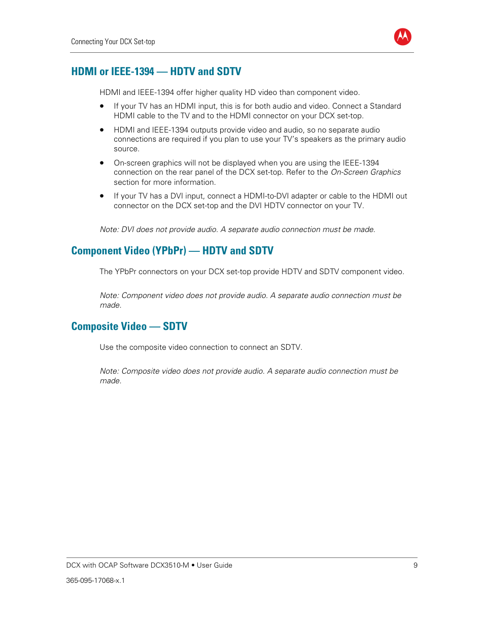 Hdmi or ieee-1394 — hdtv and sdtv, Component video (ypbpr) — hdtv and sdtv, Composite video — sdtv | ARRIS DCX3510M User Guide User Manual | Page 18 / 59