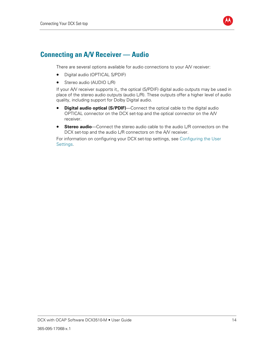 Connecting an a/v receiver — audio, Connecting an a/v receiver, Audio | Connecting to an a/v, Receiver — audio | ARRIS DCX3510M User Guide User Manual | Page 23 / 59