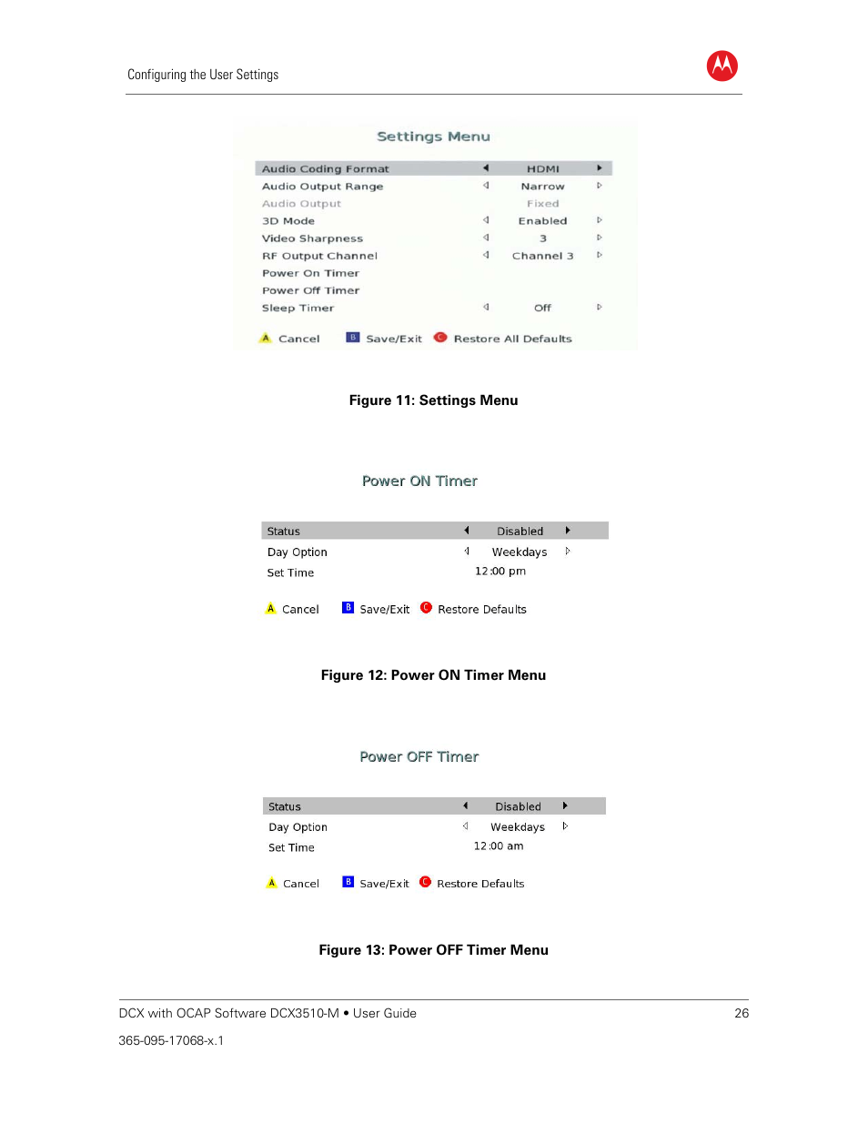Figure 11: settings menu, Figure 12: power on timer menu, Figure 13: power off timer menu | ARRIS DCX3510M User Guide User Manual | Page 35 / 59