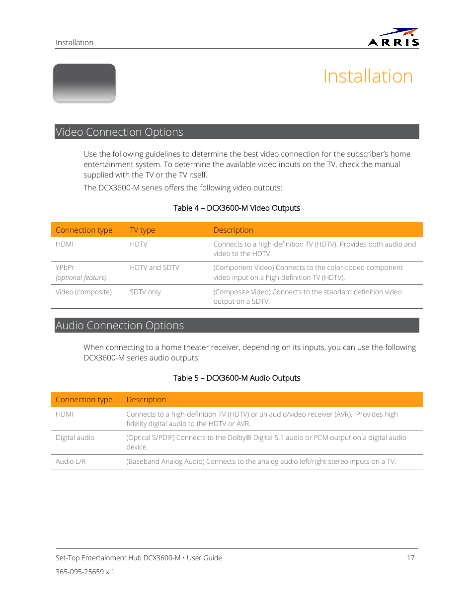 Installation, Video connection options, Audio connection options | Table 4 – dcx3600-m video outputs, Table 5 – dcx3600-m audio outputs | ARRIS DCX3600 User Guide User Manual | Page 24 / 42