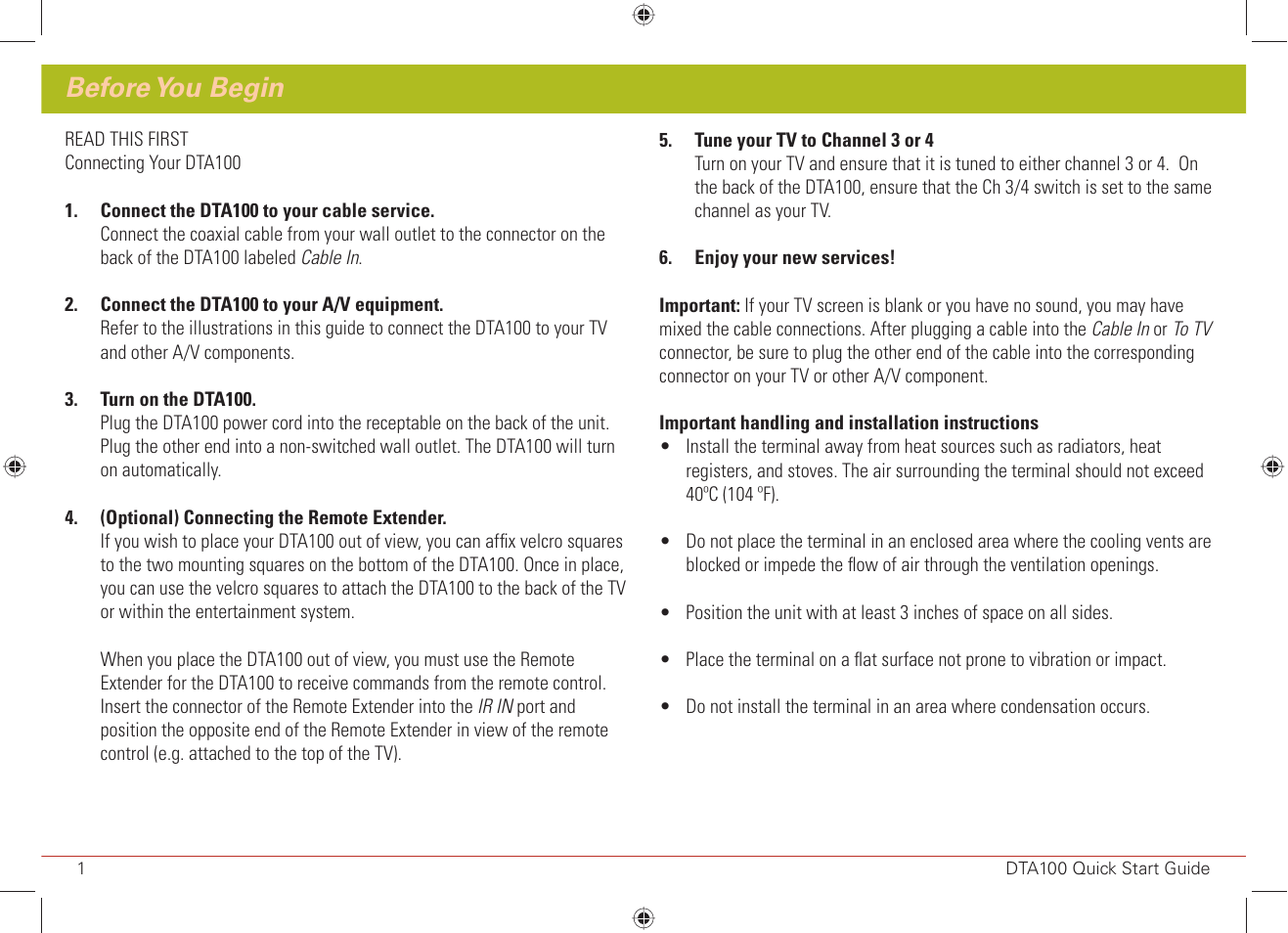 Before you begin | ARRIS DTA100 Quick Start Guide User Manual | Page 2 / 8