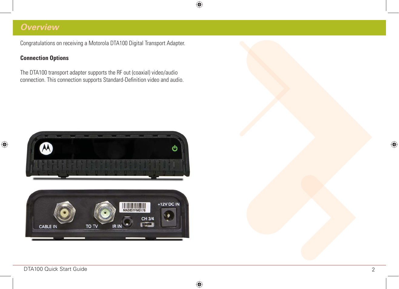 Overview | ARRIS DTA100 Quick Start Guide User Manual | Page 3 / 8