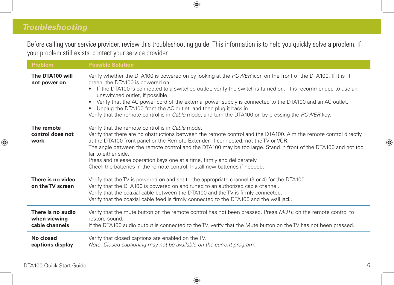 Troubleshooting | ARRIS DTA100 Quick Start Guide User Manual | Page 7 / 8