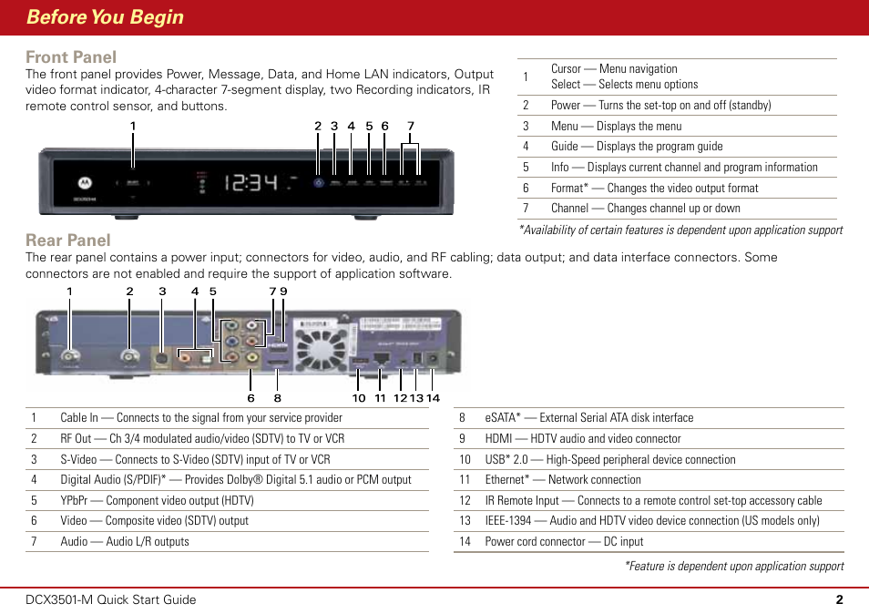 Before you begin, Front panel, Rear panel | ARRIS DCX3501 Quick Start Guide User Manual | Page 3 / 16