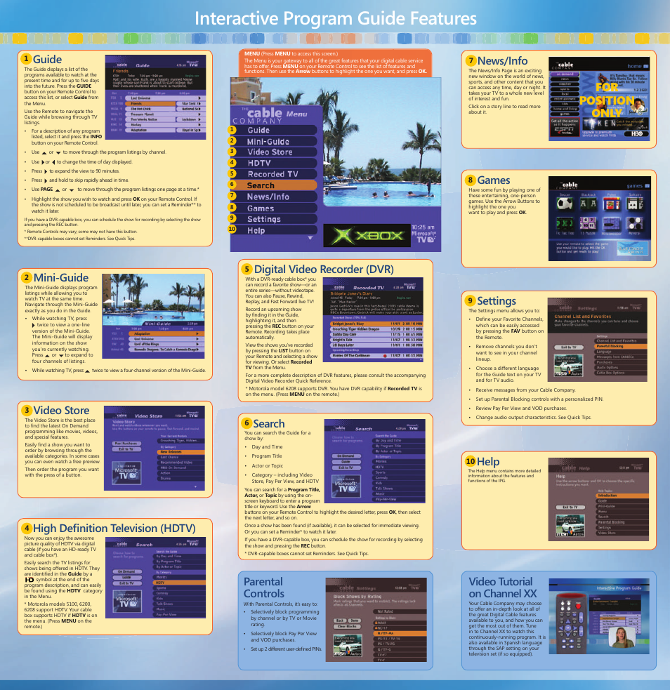 Interactive program guide features, Help, Parental controls | Digital video recorder (dvr), Video tutorial on channel xx, Guide, Mini-guide, Video store, High defi nition television (hdtv), Search | ARRIS DCT6412 Quick Start Guide Microsoft User Manual | Page 2 / 2