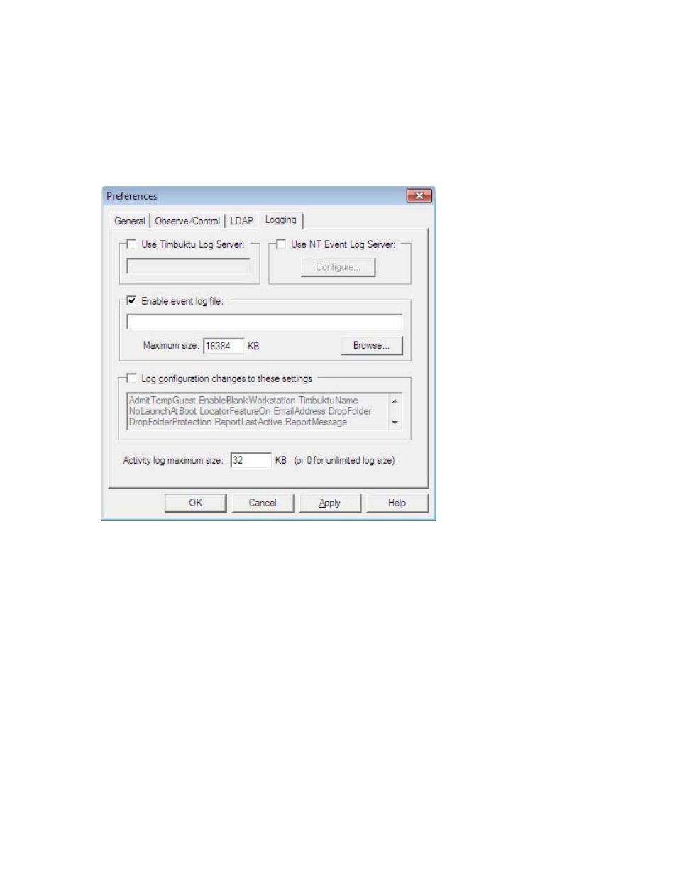 The logging tab | ARRIS Timbuktu for Windows v9.0.4- Getting Started Guide User Manual | Page 17 / 57