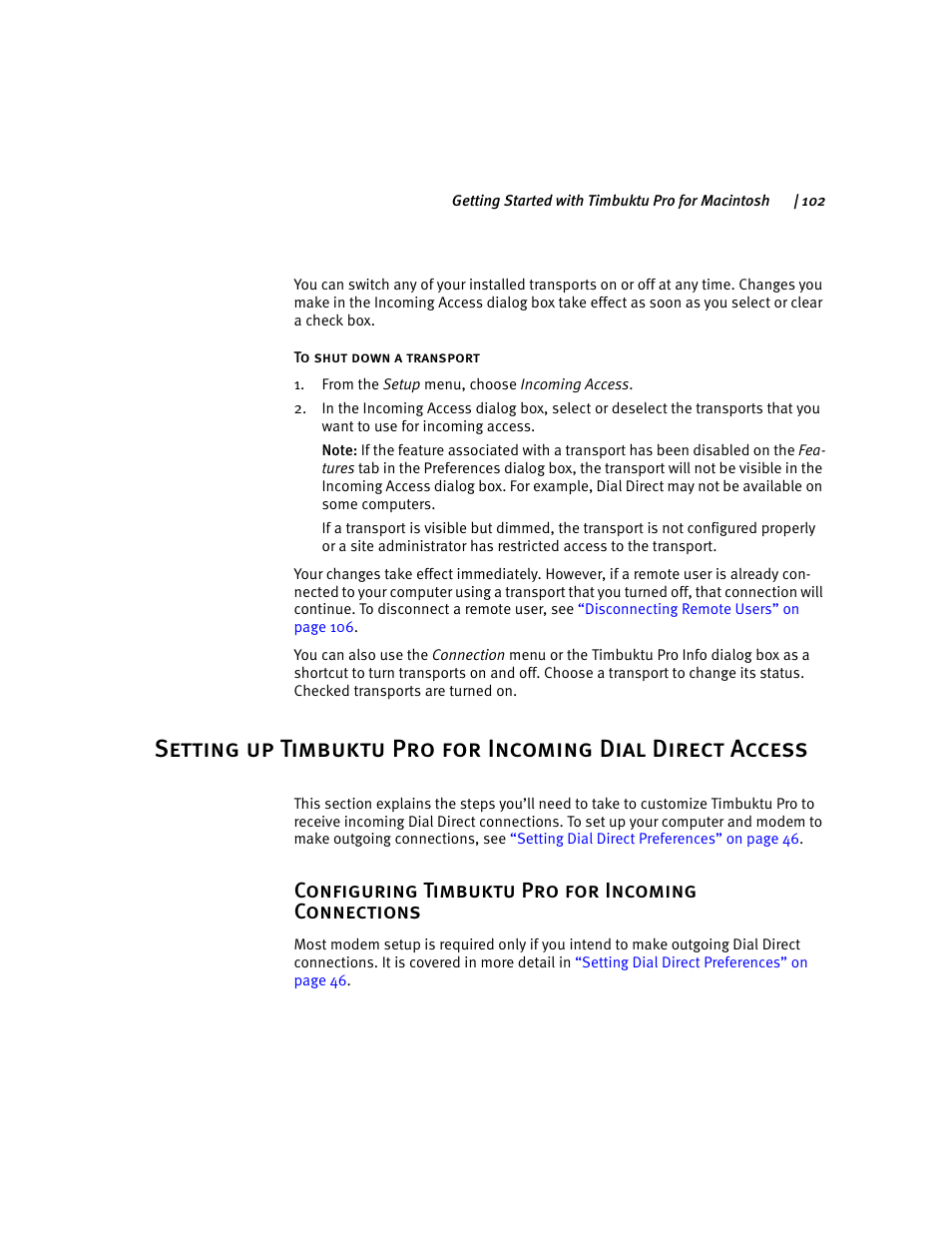 Configuring timbuktu pro for incoming connections, Setting up tim, Setting up timbuktu pro | Setting up, Setting up timbuktu pro for incoming dial direct | ARRIS Timbuktu for Macintosh v8.8.3- Getting Started Guide User Manual | Page 102 / 116