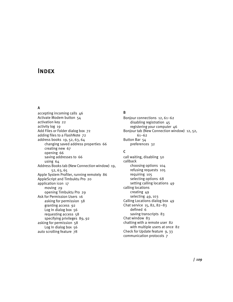 Index | ARRIS Timbuktu for Macintosh v8.8.3- Getting Started Guide User Manual | Page 109 / 116